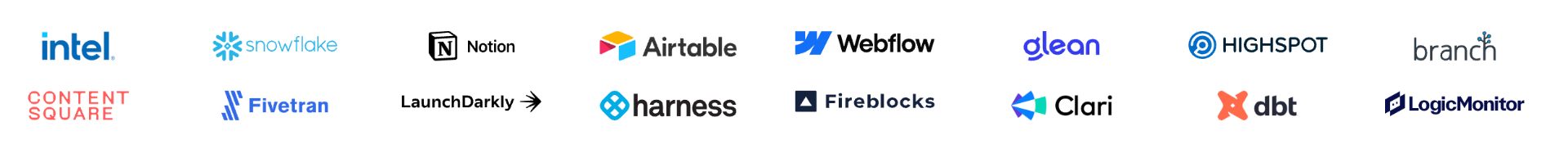 Trusted by Intel, Snowflake, Notion, Airtable, Webflow, Glean, Highspot, Branch, Content Square, Fivetran, LaunchDarkly, Harness, Fireblocks, Clari, dbt, LogicMonitor
