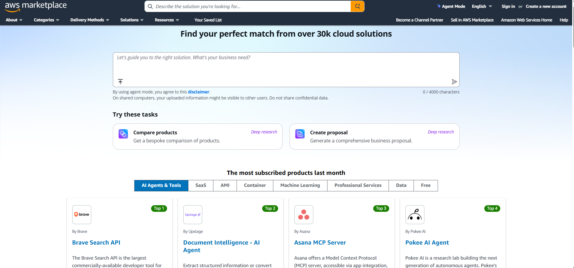 Screenshot of the AWS Marketplace homepage showing the 'Find your perfect match from over 30k cloud solutions' search bar, suggested tasks (Compare products, Create proposal), and a grid of most-subscribed products including Brave Search API, Document Intelligence, Asana MCP Server, and Poke AI Agent.