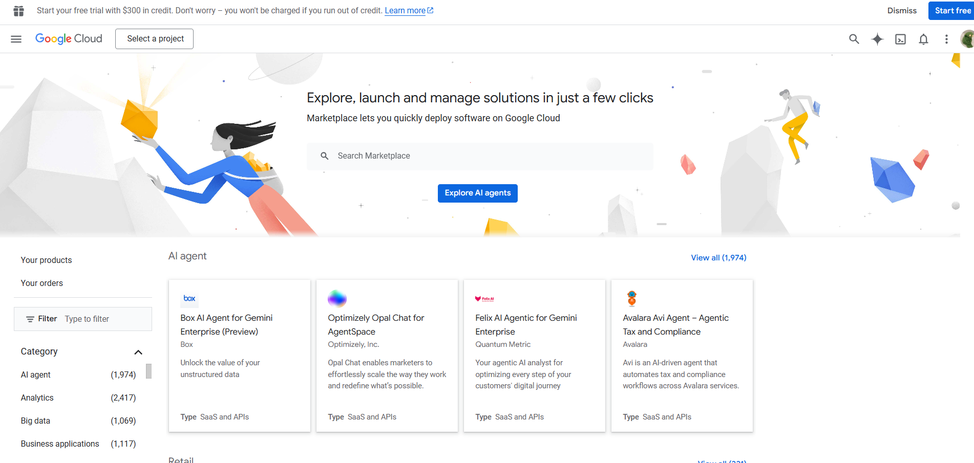 Screenshot of the Google Cloud Marketplace homepage with the heading 'Explore, launch and manage solutions in just a few clicks', a left-side AI agent category filter, and AI agent products including Box AI Agent for Gemini, Optimizely Opal Chat, and Avalara AI Agent for Agentic Tax and Compliance.
