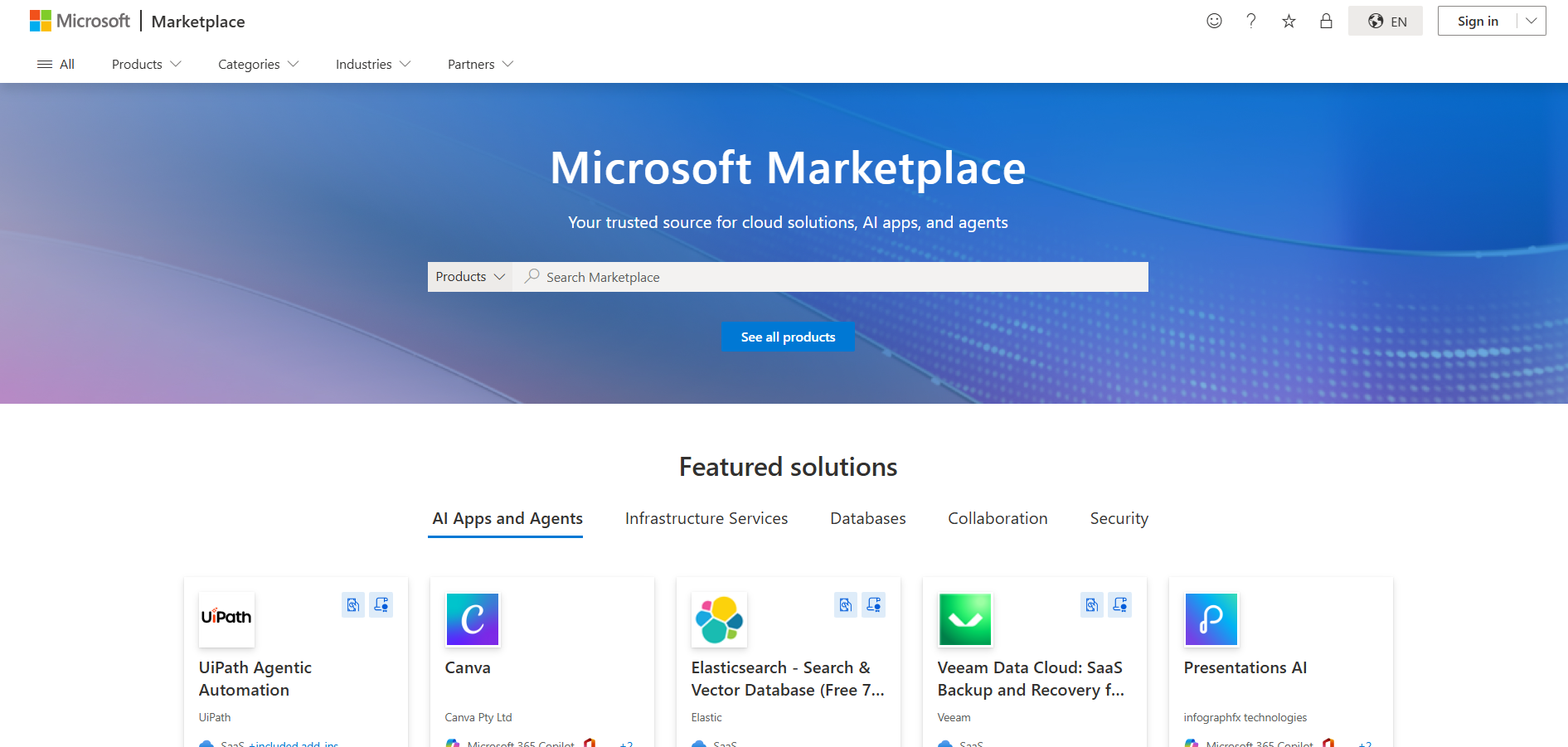 Screenshot of the Microsoft Marketplace homepage with the tagline 'Your trusted source for cloud solutions, AI apps, and agents', a product search bar, and the Featured solutions row showing UiPath Agentic Automation, Canva, Elasticsearch and Vector Database, Veeam Data Cloud SaaS Backup, and Presentations AI.