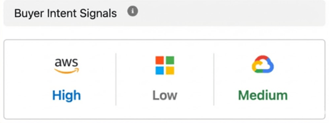 This image shows the availability of Buyer Intent Signals for Suger's customers for each cloud (AWS, Microsoft, and Google) on the account level in their CRM.