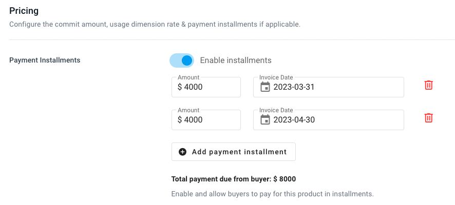 Private Offer with Payment Installments
