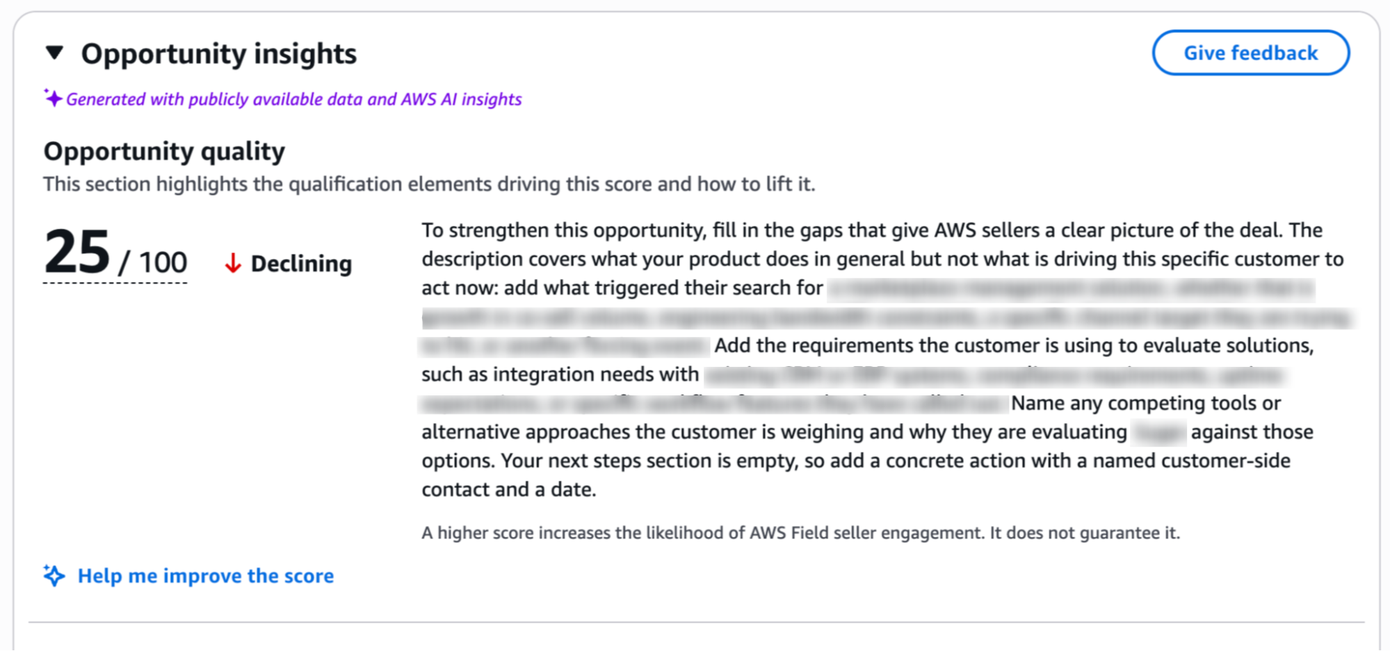 AWS Partner Central Opportunity insights panel showing an Opportunity quality score of 25 out of 100 marked Declining, with agent-generated guidance on which qualification gaps to fill