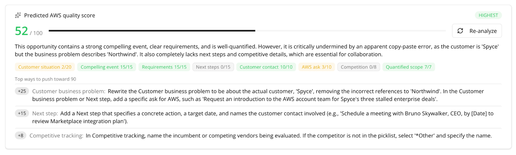 Suger's Predicted AWS quality score card showing 52 out of 100, per-dimension scores including Customer situation 2/20 and Next steps 0/15, and three ranked recommendations worth +25, +15, and +8 points