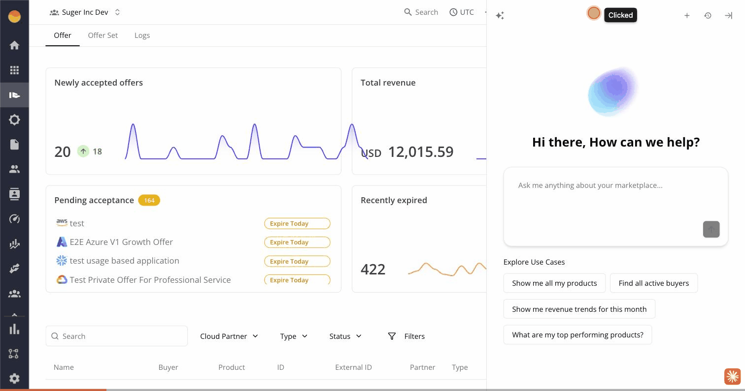 Suger AI chat panel open on the offer list, answering "show me my pending offers" with an inline table of three offers, each with status, customer, and value