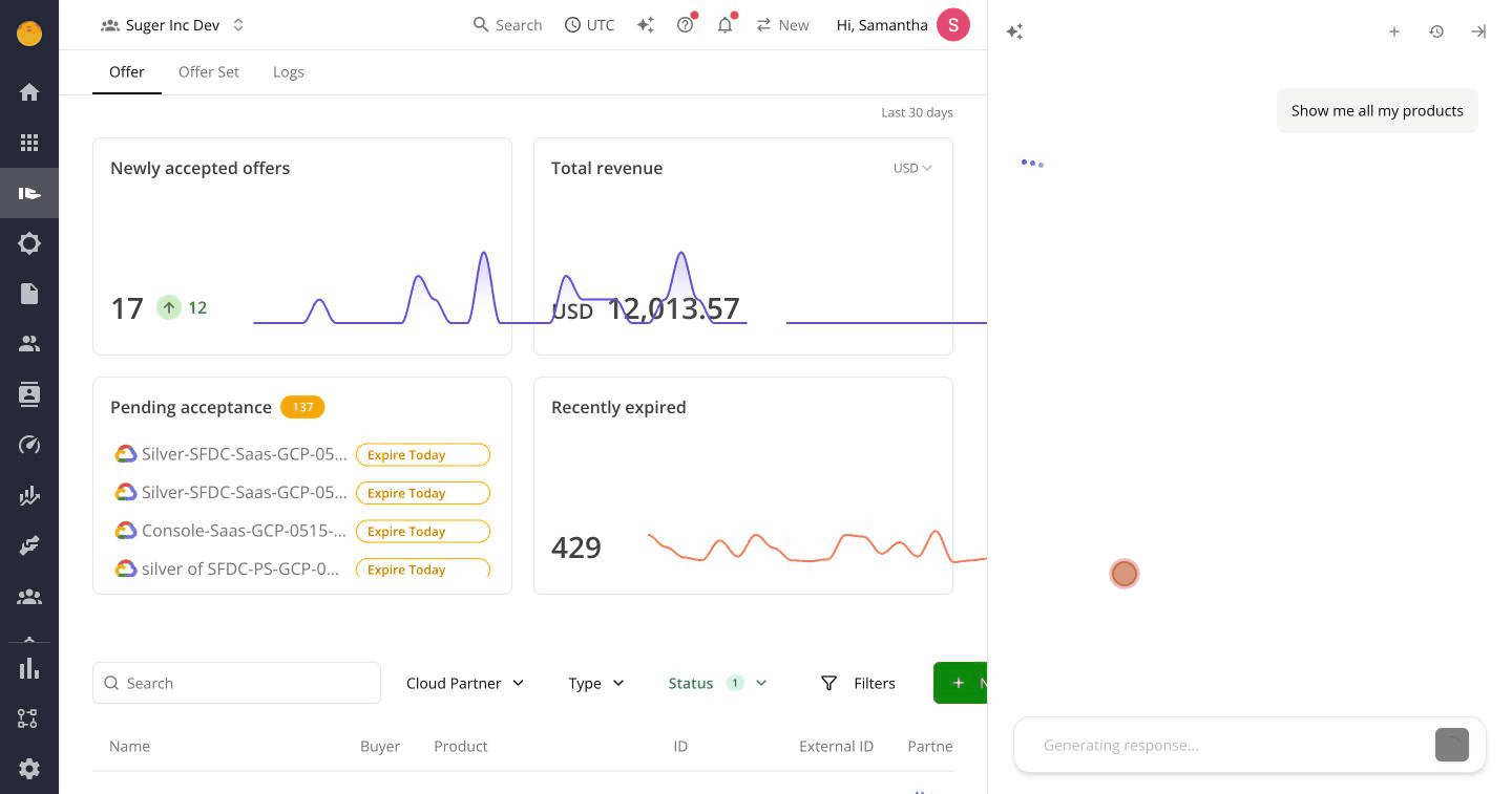 Animated tool-call flow — user clicks "Show me all my products", the agent emits Reading page → Fetching products → Preparing table tool calls, then renders the 543-row result inline with Export CSV and filter follow-ups