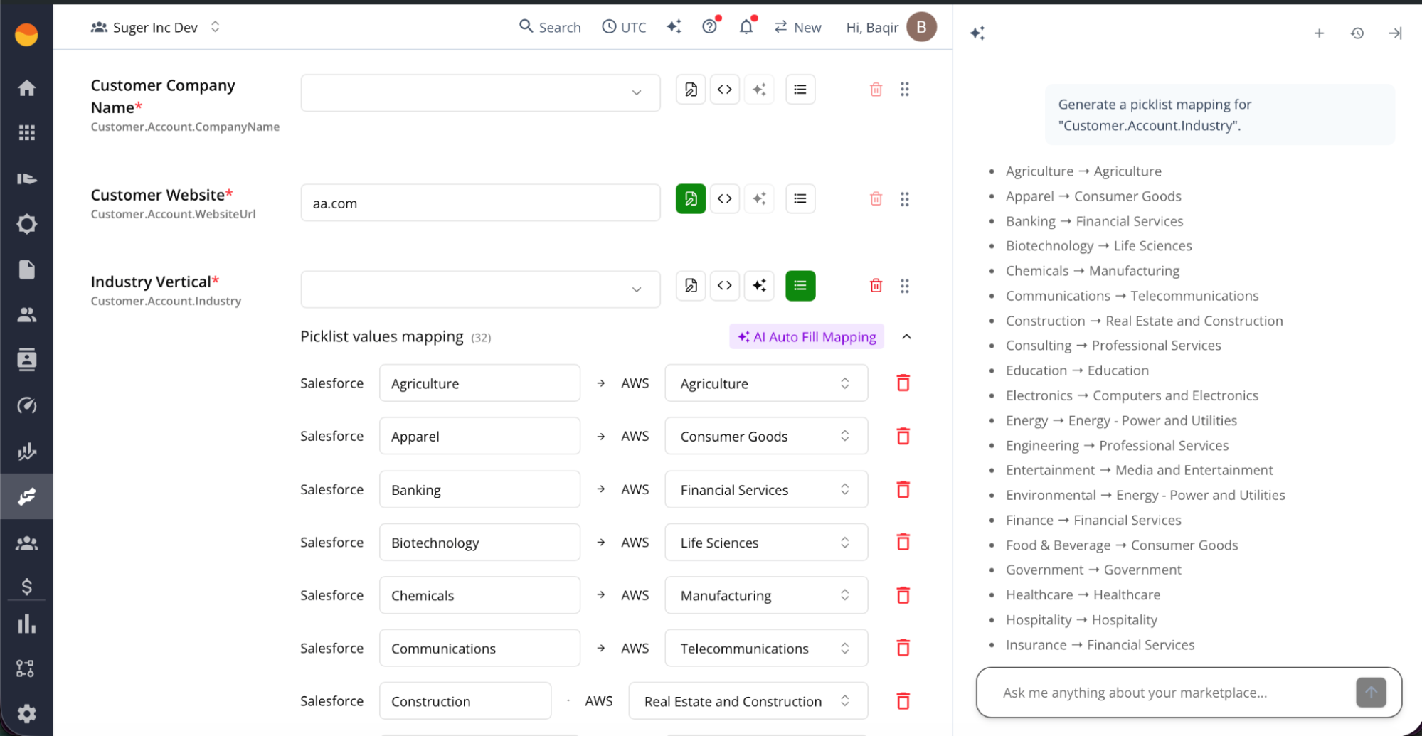 AI Auto Fill Mapping configuration in Suger, translating Salesforce industry picklist values to AWS-required categories like Agriculture, Consumer Goods, Banking, Financial Services, and Life Sciences
