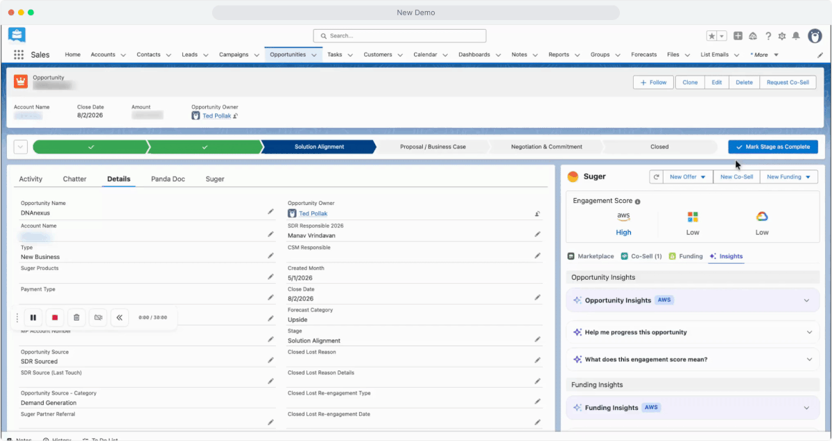 Salesforce opportunity record with the Suger widget showing Marketplace, Co-Sell, Funding, and Insights tabs, including Engagement Score, AWS Opportunity Insights, and Funding Insights panels on a "Negotiation & Commitment" stage opportunity