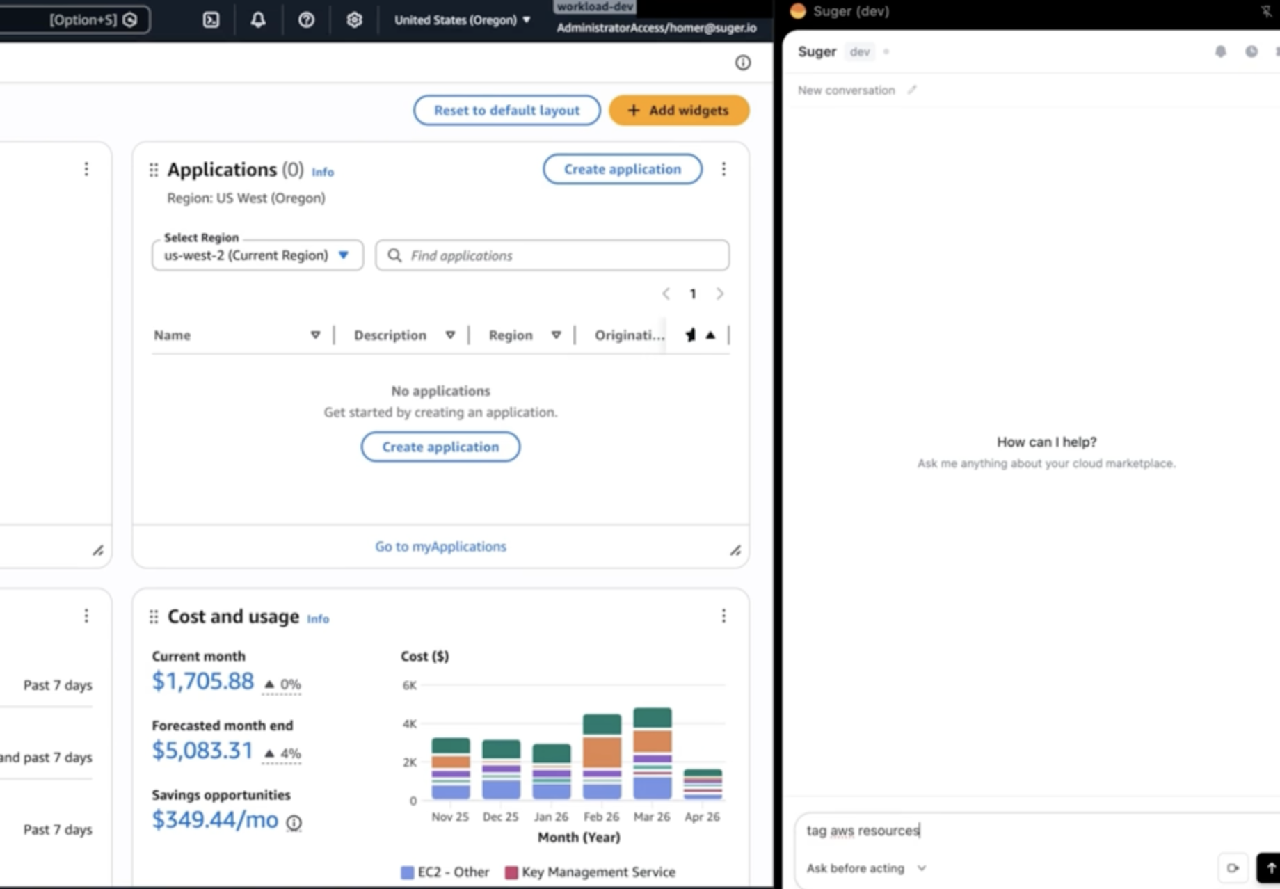 Suger PRM Tagging Chrome Extension running in the AWS console alongside the Applications panel and Cost and Usage dashboard, with a side panel for chatting with Suger about marketplace resource tagging