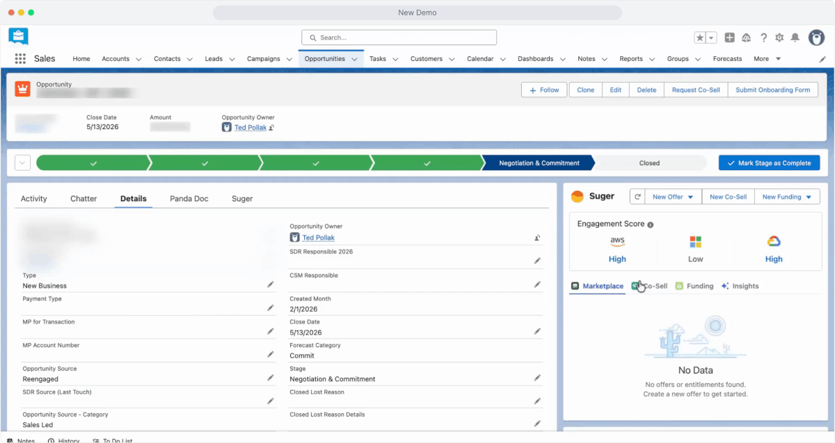 Salesforce opportunity record with the Suger widget showing AWS, Azure, and Google Cloud engagement scores plus Marketplace, Co-Sell, Funding, and Insights tabs for predicted account ownership