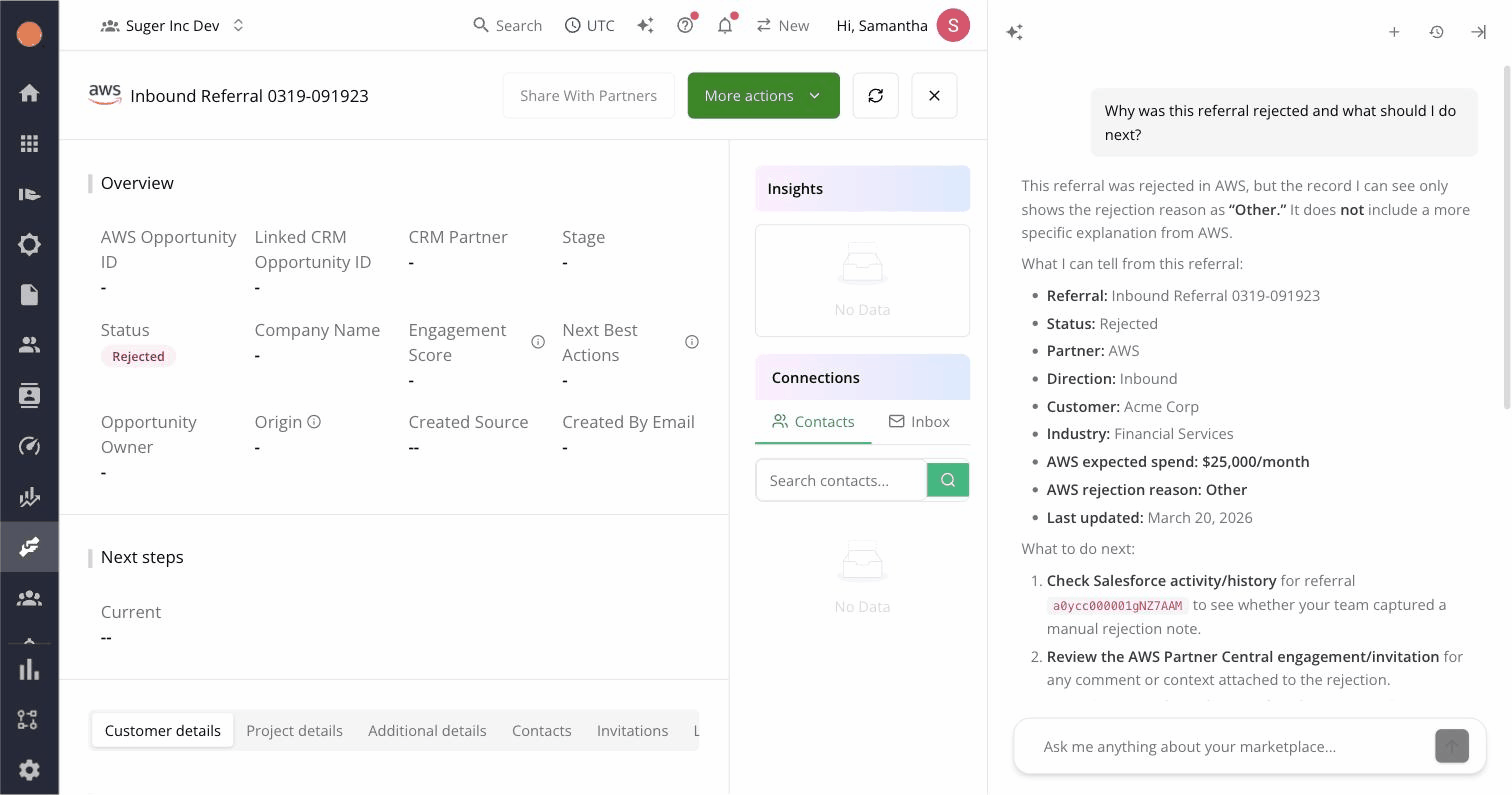 Three-up of an AWS ACE, Azure Deal Reg, and GCP referral, each showing Suger AI's diagnose chat panel with the cloud-appropriate explanation