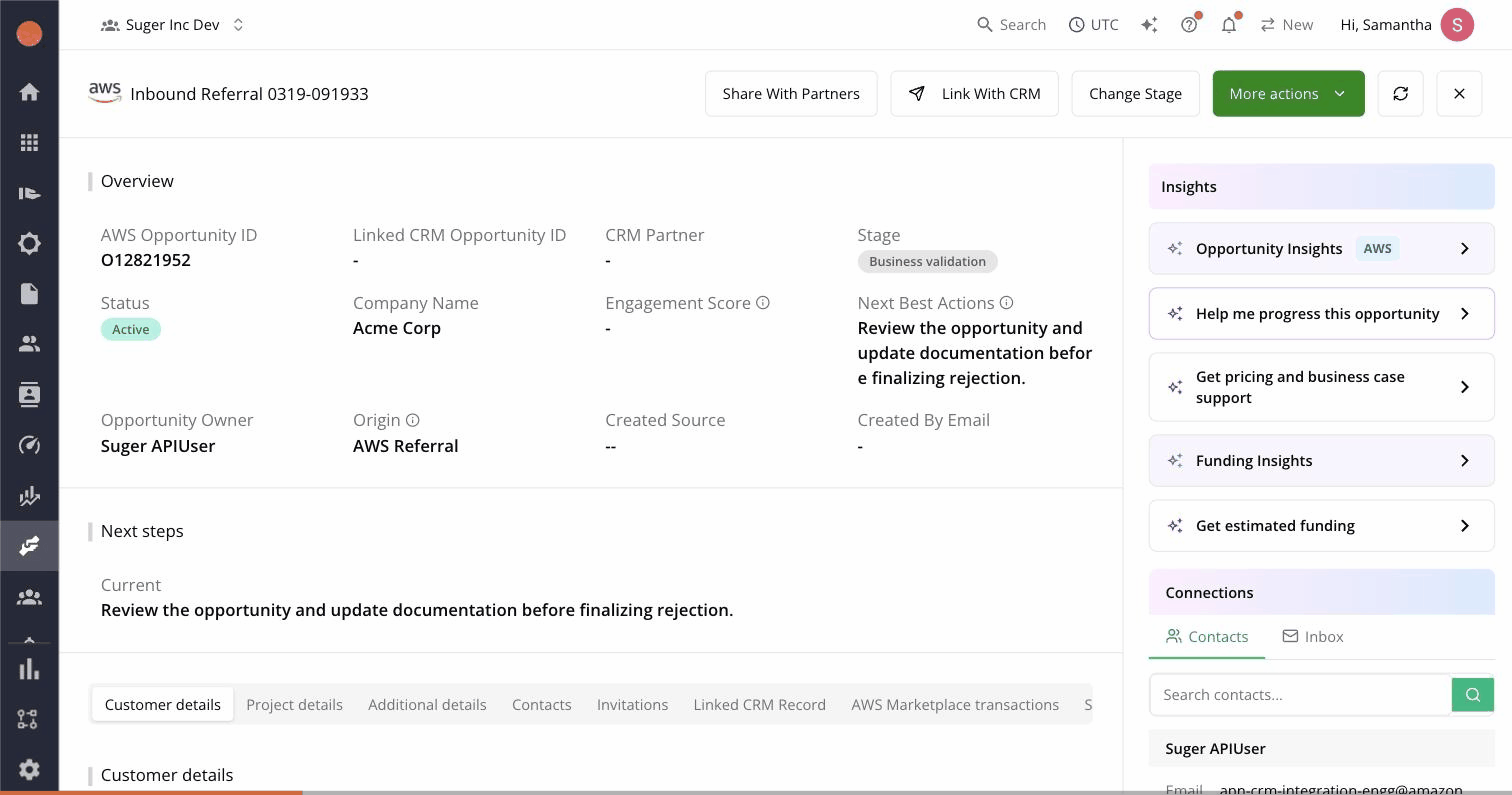 Suger ACE referral detail page with the AI Opportunity Insights panel on the right rail, showing a warning card, a main insight card, and three AI trigger buttons including "Help me progress this opportunity"