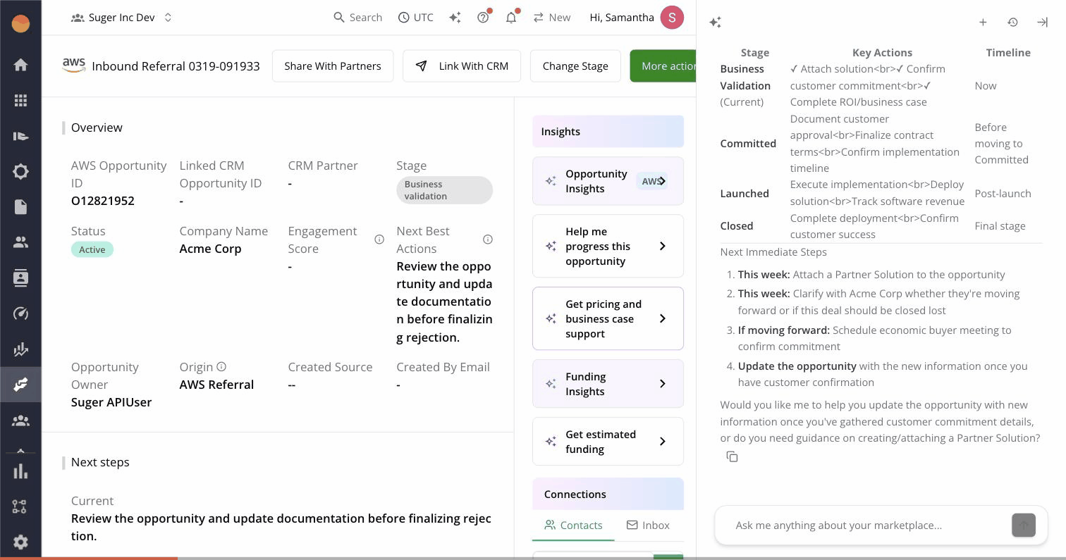 The trigger flow — user clicks "Help me progress this opportunity", Suger AI chat side panel slides open, AI-generated text streams in answering the prompt, "Copy message" button appears at the bottom